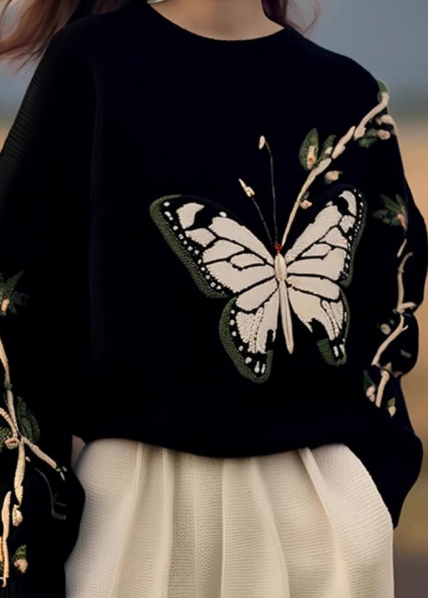 Fashion Black O Neck Butterfly Print Knit Sweaters Spring - Image 4