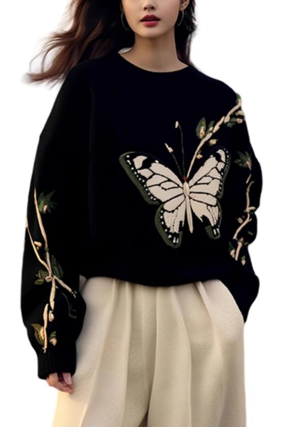 Fashion Black O Neck Butterfly Print Knit Sweaters Spring - Image 5