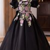 Fashion Black O-Neck Print Bow Kids Maxi Dress Puff Sleeve