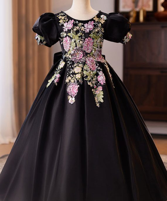 Fashion Black O-Neck Print Bow Kids Maxi Dress Puff Sleeve