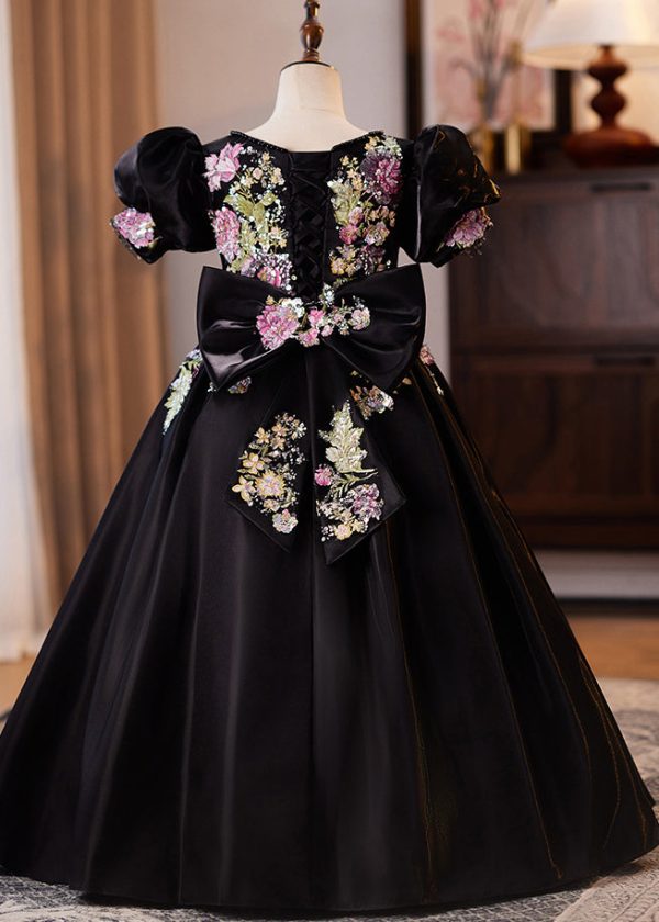 Fashion Black O-Neck Print Bow Kids Maxi Dress Puff Sleeve - Image 3