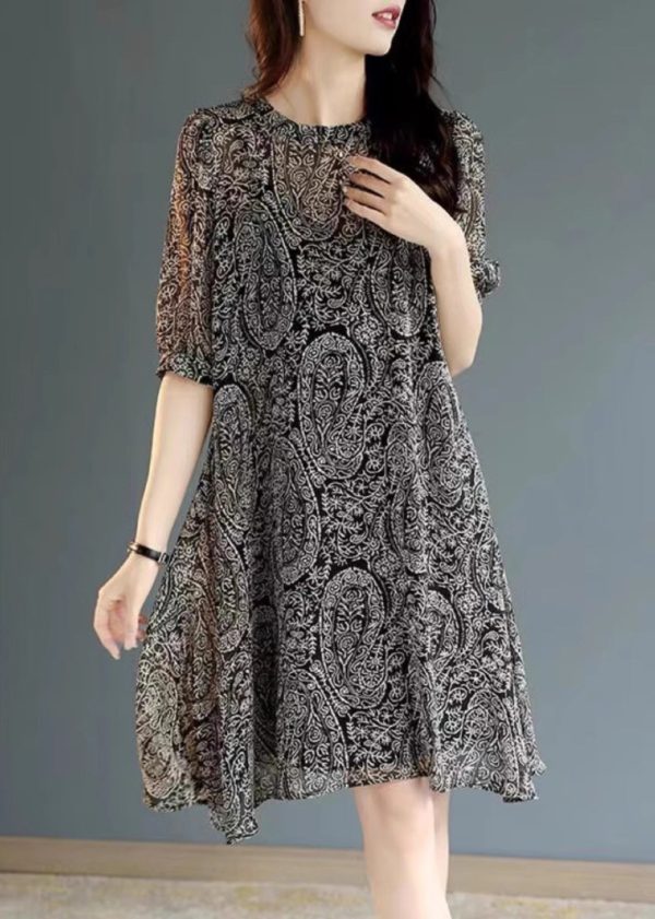 Fashion Black Oversized Print Chiffon Tea Dress Summer - Image 2