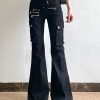 Fashion Black Zippered Pockets Patchwork High Waist Denim Flared Trousers