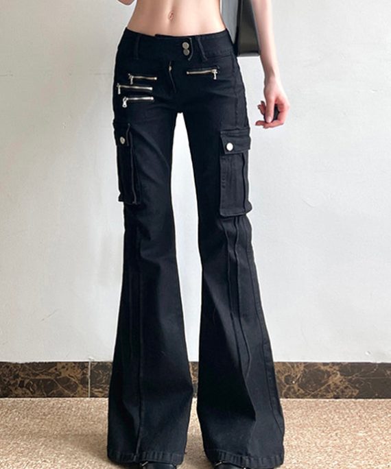 Fashion Black Zippered Pockets Patchwork High Waist Denim Flared Trousers