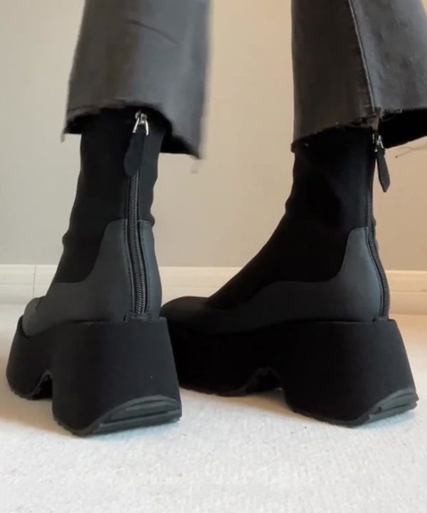 Fashion Black Zippered Splicing Platform Boots - Image 5