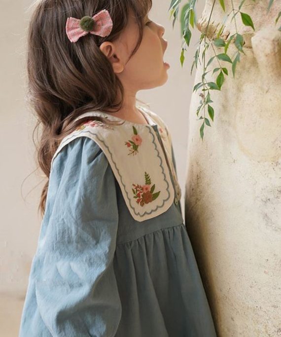 Fashion Blue Embroideried Patchwork Girls Long Dress Fall