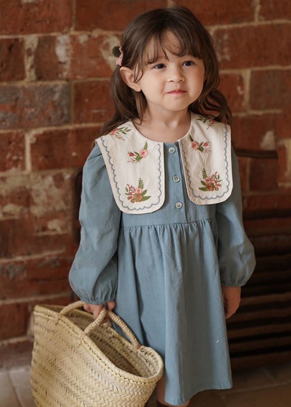 Fashion Blue Embroideried Patchwork Girls Long Dress Fall - Image 2