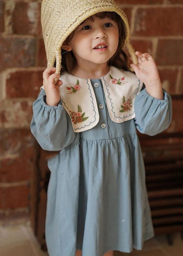 Fashion Blue Embroideried Patchwork Girls Long Dress Fall - Image 3