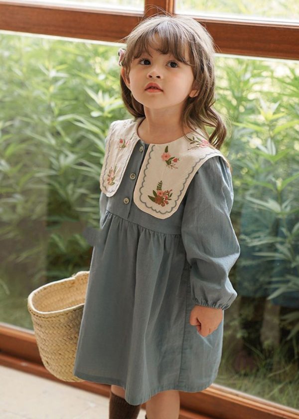 Fashion Blue Embroideried Patchwork Girls Long Dress Fall - Image 4