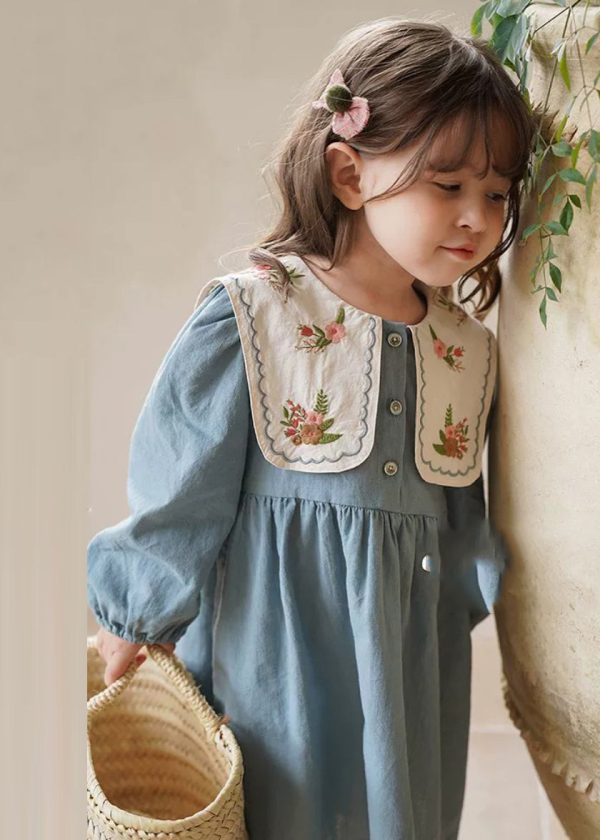 Fashion Blue Embroideried Patchwork Girls Long Dress Fall - Image 5