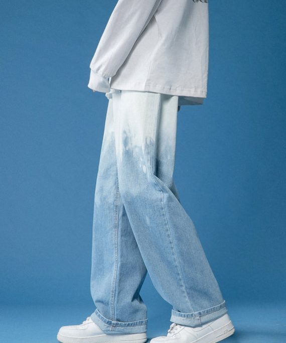 Fashion Blue Gradient Pockets Denim Mens Pants Fall