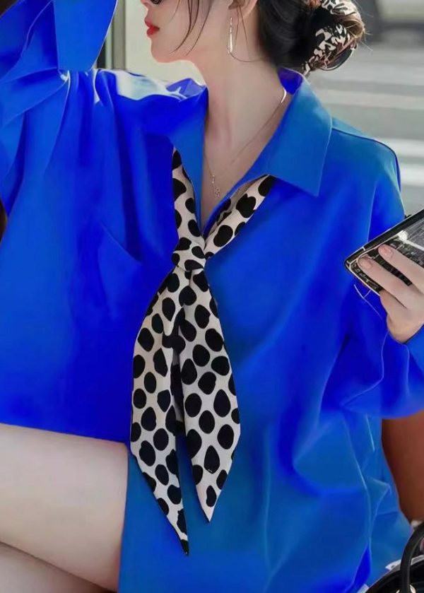 Fashion Blue Peter Pan Collar Solid Shirt Spring - Image 4