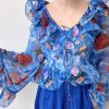 Fashion Blue Ruffled Patchwork Print Chiffon Shirt Flare Sleeve