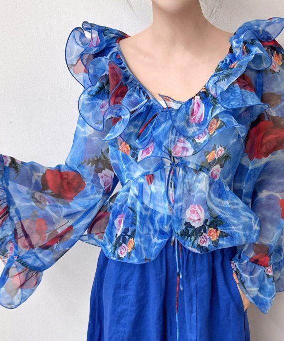 Fashion Blue Ruffled Patchwork Print Chiffon Shirt Flare Sleeve