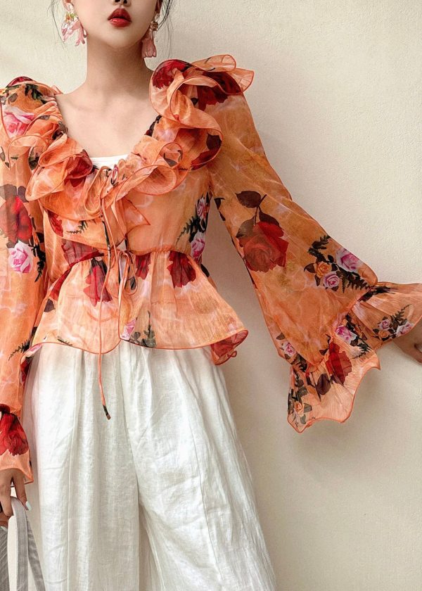Fashion Blue Ruffled Patchwork Print Chiffon Shirt Flare Sleeve - Image 2
