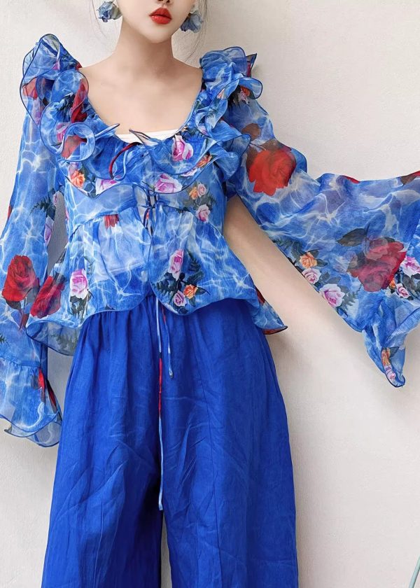 Fashion Blue Ruffled Patchwork Print Chiffon Shirt Flare Sleeve - Image 3