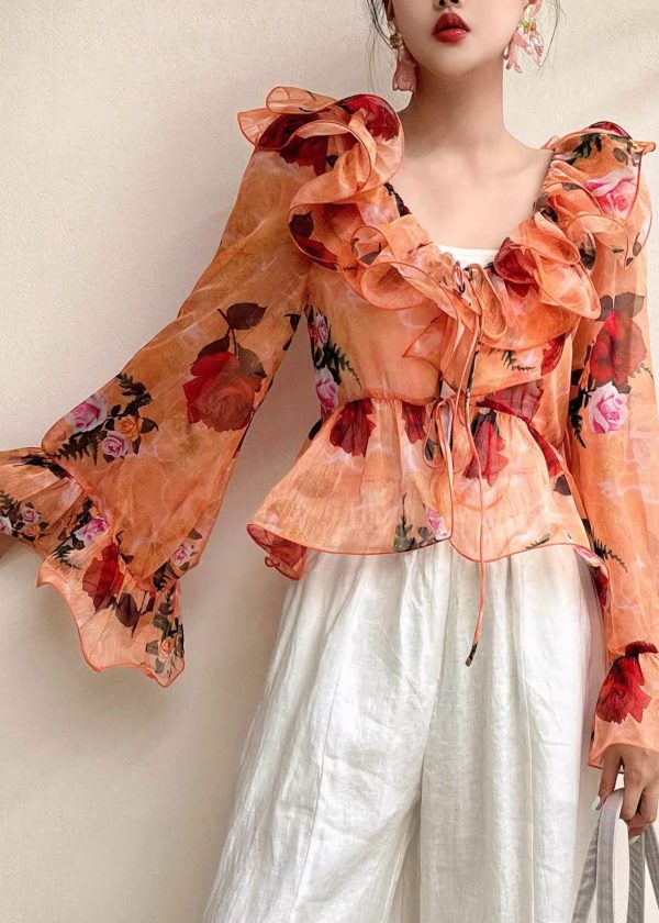 Fashion Blue Ruffled Patchwork Print Chiffon Shirt Flare Sleeve - Image 4
