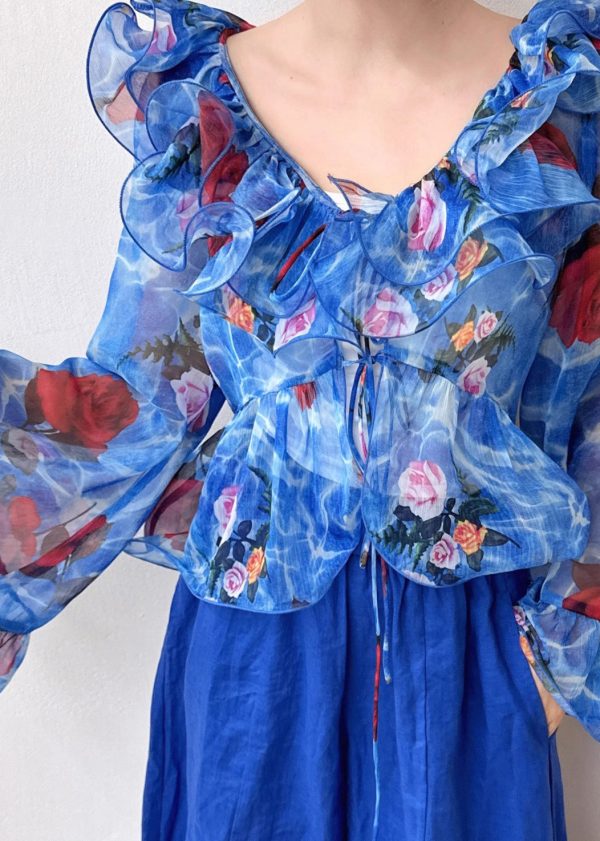 Fashion Blue Ruffled Patchwork Print Chiffon Shirt Flare Sleeve - Image 5