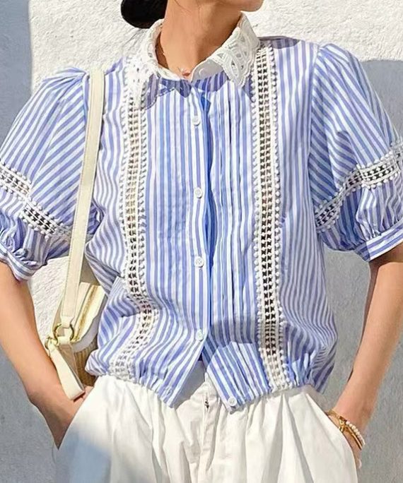 Fashion Blue Striped Hollow Out Cotton Blouses Summer