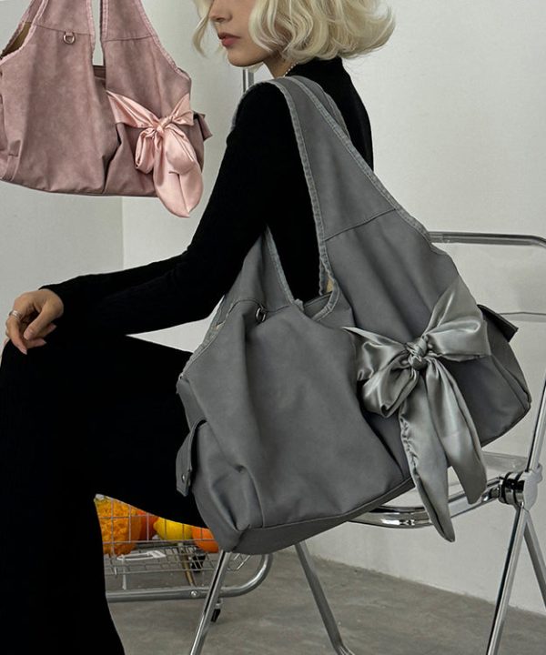 Fashion Bow Lazy Style Large Capacity Spliced Shoulder Bag - Image 5