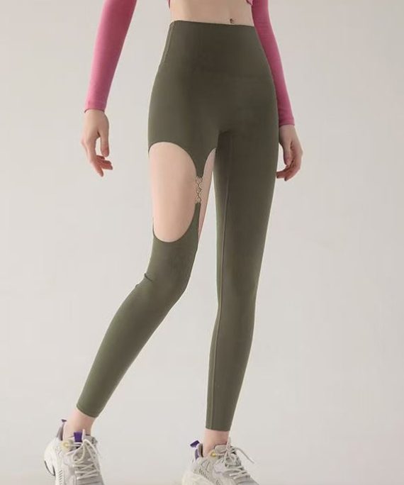 Fashion Green Hollow Out High Waist Capri Leggings Activewear