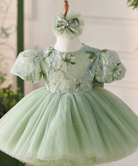 Fashion Green O-Neck Embroideried Tulle Kids Maxi Dress Puff Sleeve