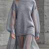 Fashion Grey Oversized Patchwork Tulle Knitted Dress Fall