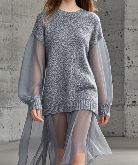 Fashion Grey Oversized Patchwork Tulle Knitted Dress Fall