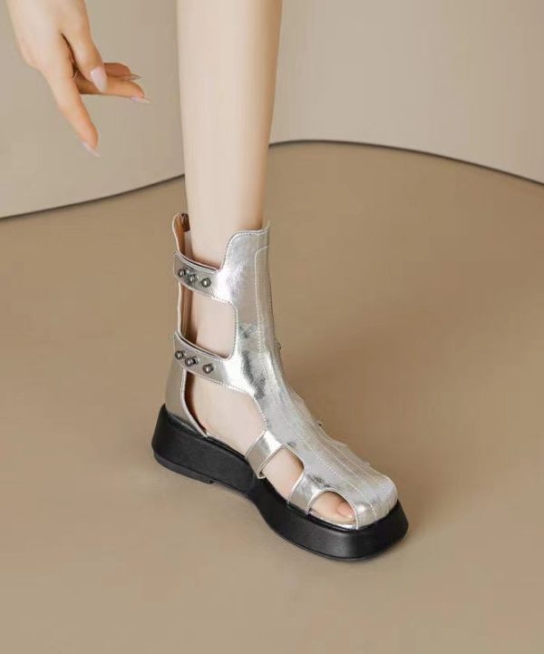 Fashion Hollow Out Platform Sandals Boots Black Cowhide Leather - Image 2