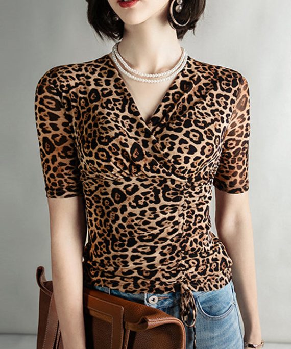 Fashion Leopard V Neck Cinched Tulle Tops Summer