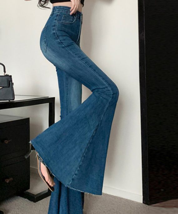 Fashion Navy Tummy Control Denim Bell-bottom Trousers Spring
