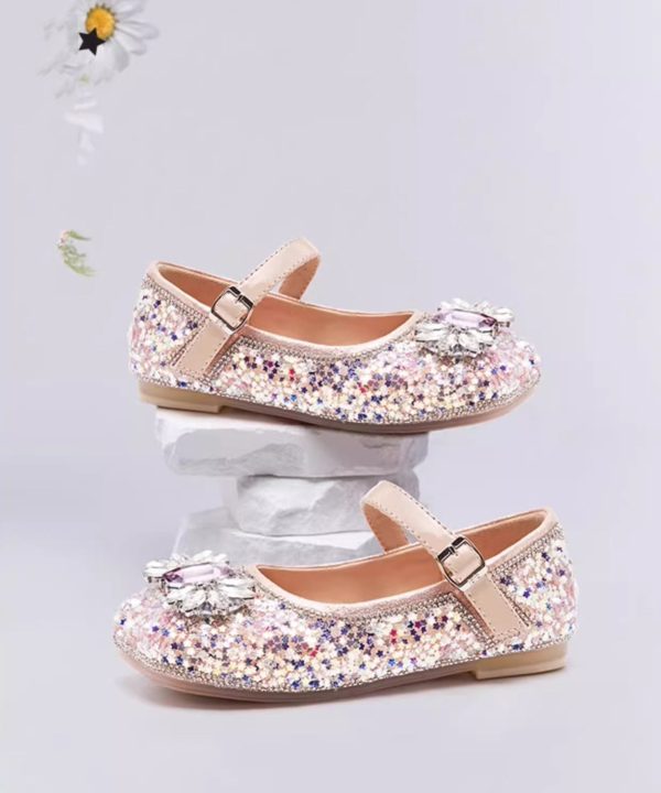 Fashion Pink Crystal Buckle Strap Girls Flat Shoes - Image 2