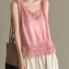 Fashion Pink Embroideried Lace Hollow Out Summer Cotton Vest Sleeveless