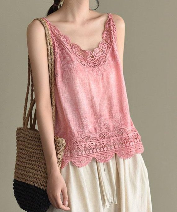 Fashion Pink Embroideried Lace Hollow Out Summer Cotton Vest Sleeveless