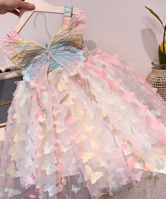 Fashion Rainbow Butterfly Nail Bead Tulle Baby Girls Dresses Summer