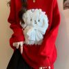 Fashion Red O Neck Dogs Loose Knit Sweaters Spring