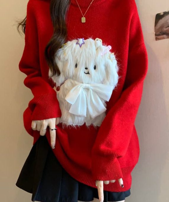 Fashion Red O Neck Dogs Loose Knit Sweaters Spring