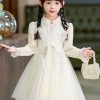 Fashion White Asymmetrical Embroideried Floral Tulle Girls Long Dress Flare Sleeve