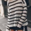 Fashion White O Neck Striped Hollow Out Knit Top Spring