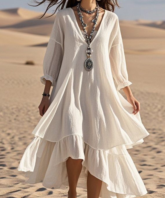 Fashion White Oversized Patchwork Cotton Maxi Dresses Bracelet Sleeve