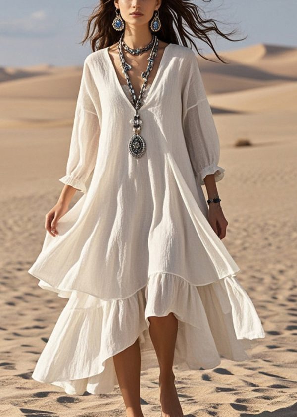 Fashion White Oversized Patchwork Cotton Maxi Dresses Bracelet Sleeve - Image 3