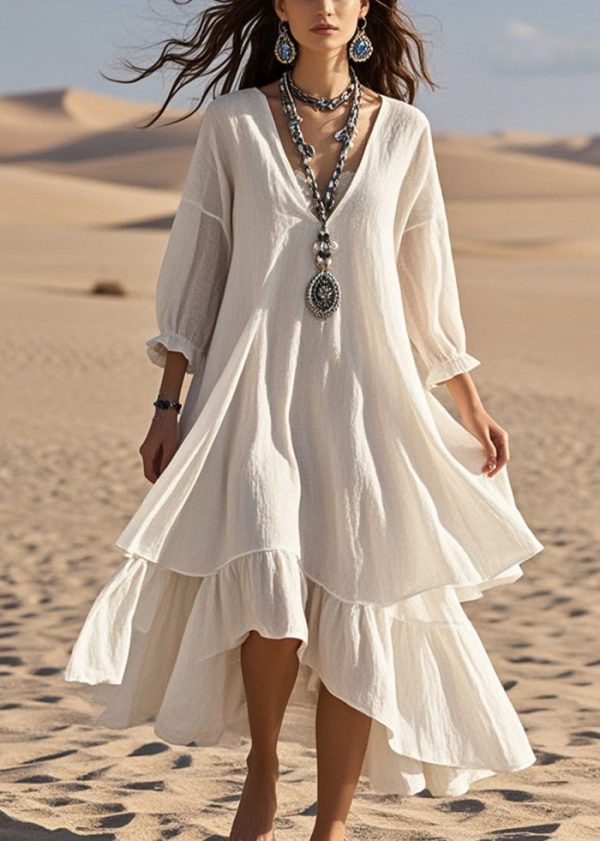 Fashion White Oversized Patchwork Cotton Maxi Dresses Bracelet Sleeve - Image 5