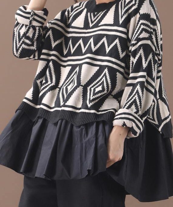 Fashion black Sweater Blouse patchwork plus size Geometry knitted blouse