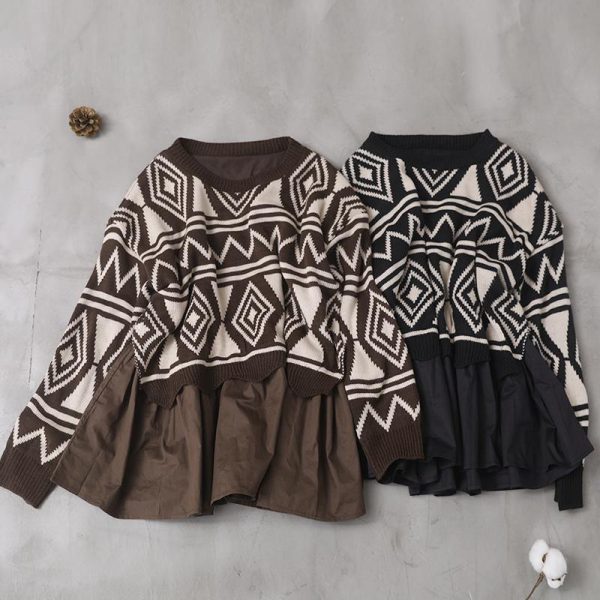 Fashion black Sweater Blouse patchwork plus size Geometry knitted blouse - Image 5