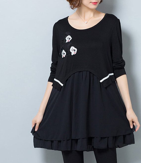 Fashion casual black false two pieces cotton blended dresses plus size ruffles dresses