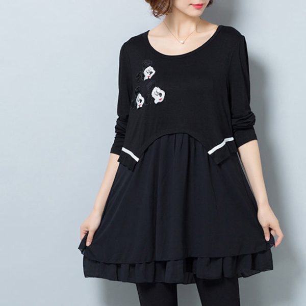 Fashion casual black false two pieces cotton blended dresses plus size ruffles dresses