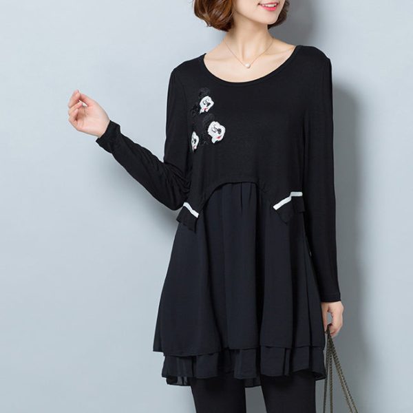 Fashion casual black false two pieces cotton blended dresses plus size ruffles dresses - Image 3