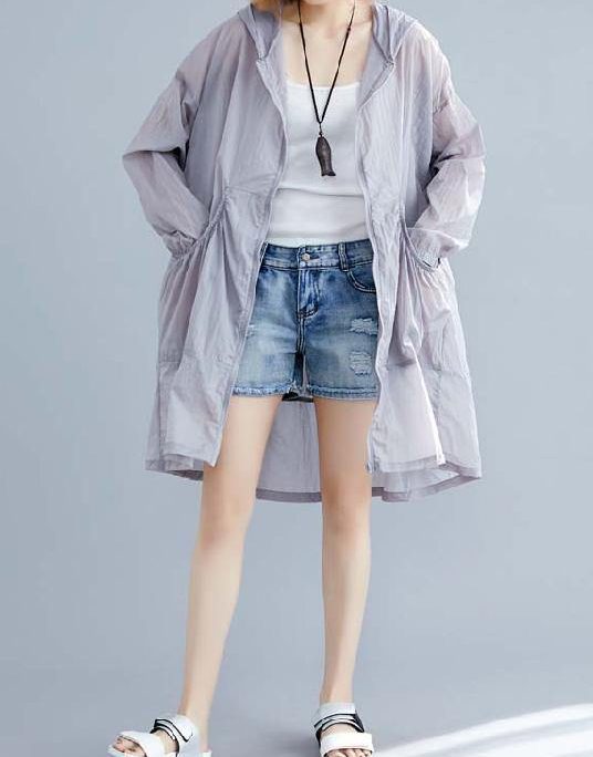 Fashion light gray cardigan Loose fitting hooded long sleeve