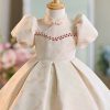 Fine Apricot Stand Collar Zircon Patchwork Girls Long Dresses Short Sleeve