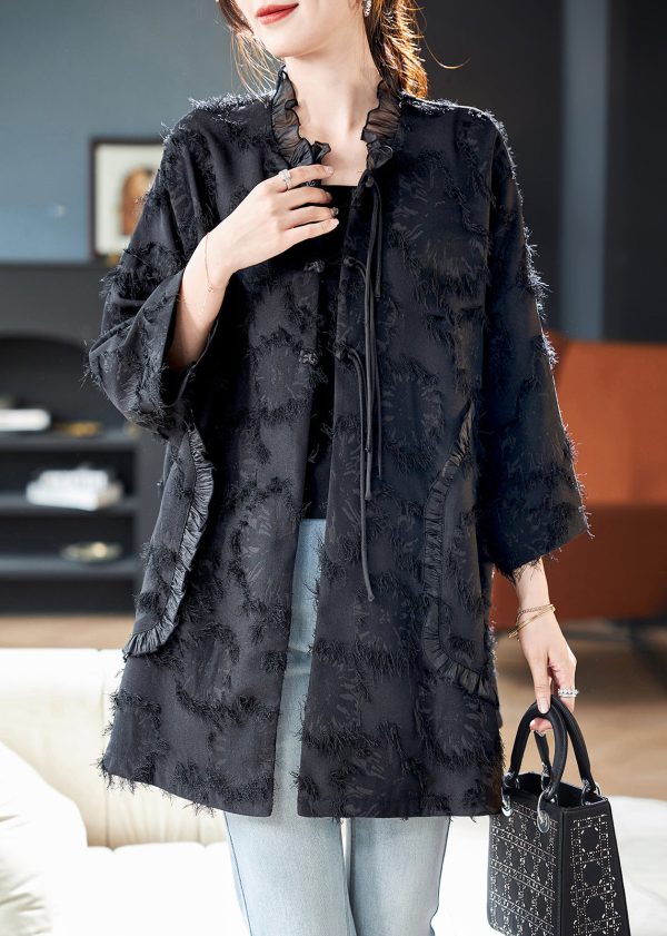 Fine Black Ruffled Patchwork Button Coat Spring - Image 2